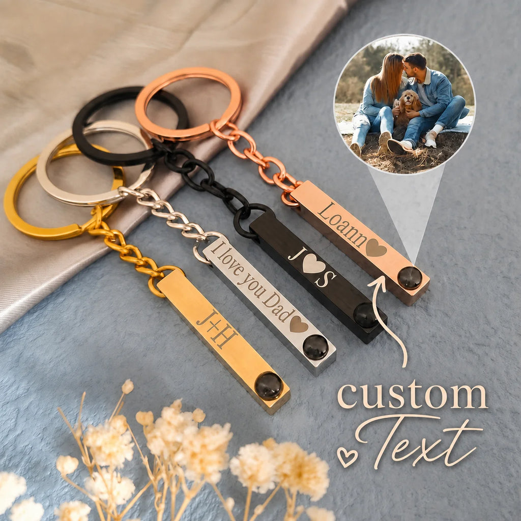 Custom Photo Name Keychain Personalized Picture Projection Key Ring Engraved Metal Gift for Couple Lover Family Friends