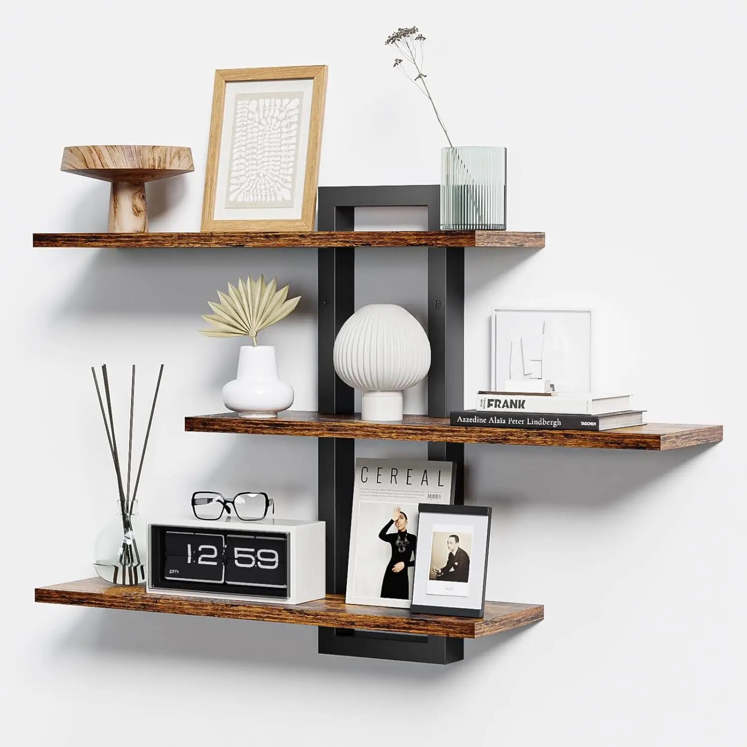 Modern floating shelves 3 tier wood wall decor featuring a dark wood finish and black metal frame for adjustable storage and stylish wall decor.