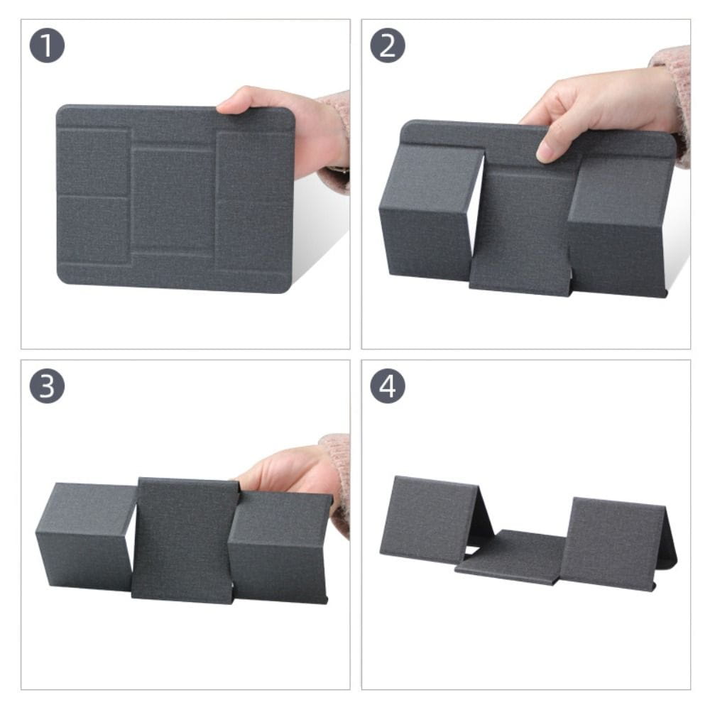 Schwarzer faltbarer Laptopständer mit minimalistischem Design und strukturierter Oberfläche für 12- bis 16-Zoll-Notebooks.
