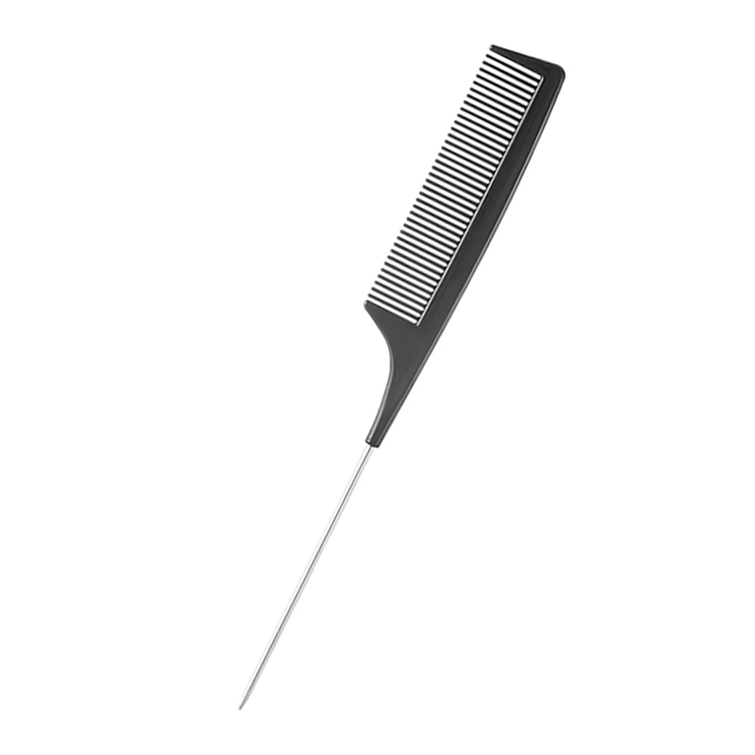Ensemble professionnel de peigne de coiffure et d’outils de mise en forme comprenant un peigne en plastique noir avec une aiguille métallique s’étendant depuis sa base.
