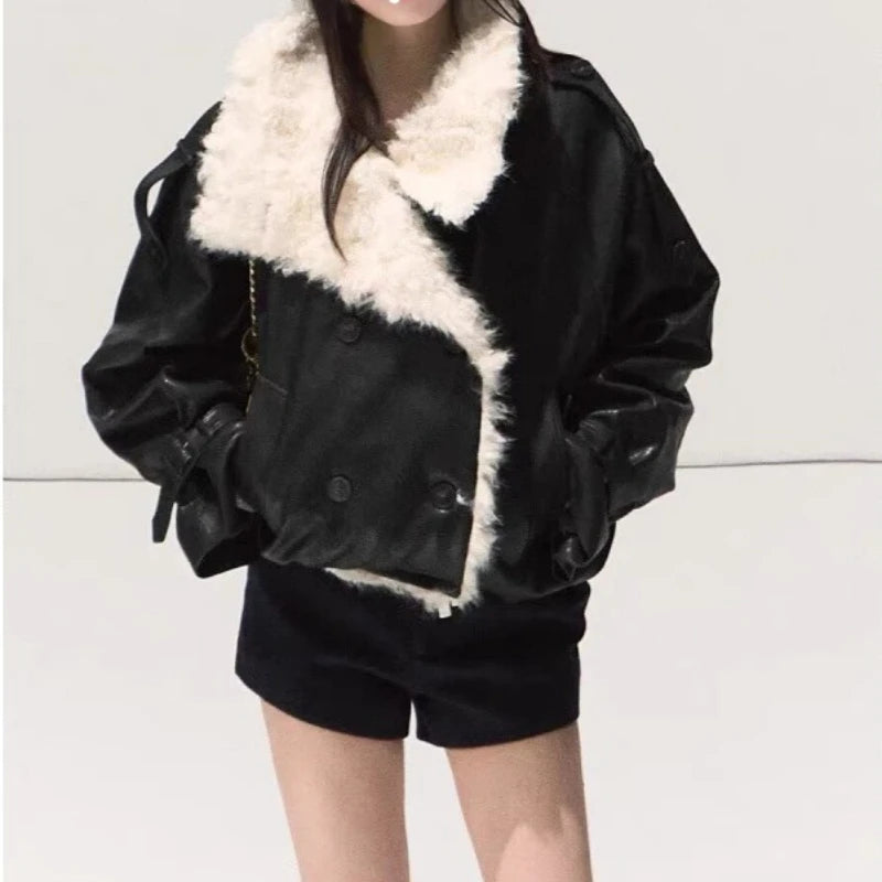 Women Faux Leather Labm Fur Lined Coats Solid Jacket Turn Down Collar Long Sleeves Single Breasted Loose Streetwear 2026 Autumn