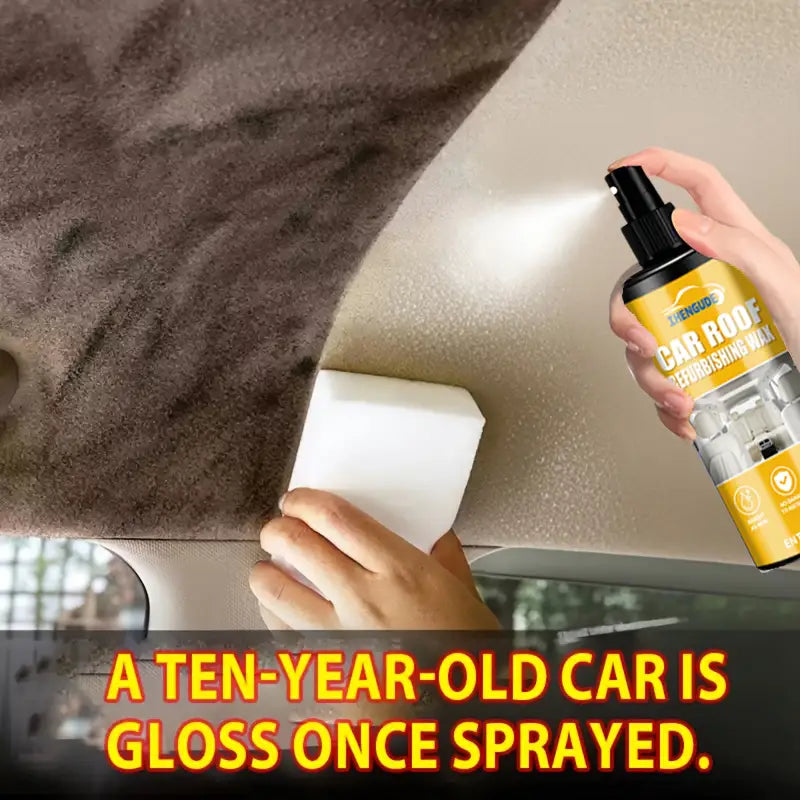 「car roof refinishing wax（カールーフ リファイニング ワックス）」と表示された黒いノズル付きの黄色いスプレーボトルが、「自動車用内装ディテイリングスプレー」および「レザークリーナー」製品として使用されています。