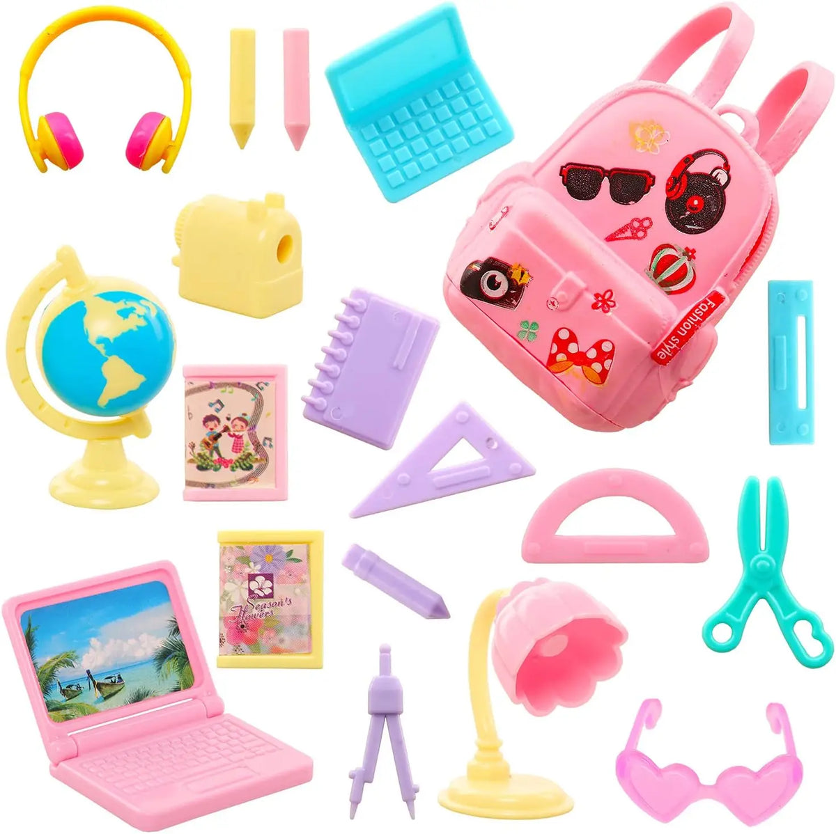 19 Pcs Girl Doll School Accessories Backpack Mini Desk Lamp Laptop Mini Globe Glasses and Headset for 11.5inch Doll Kids Toys
