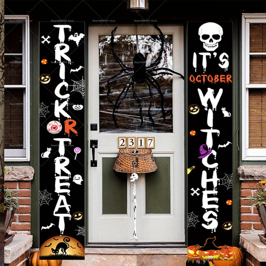 Happy Halloween Banner Pumpkin Ghost Trick or Treat Couplets Party Decorations Porch Sign Indoor Outdoor Wall Hanging Background