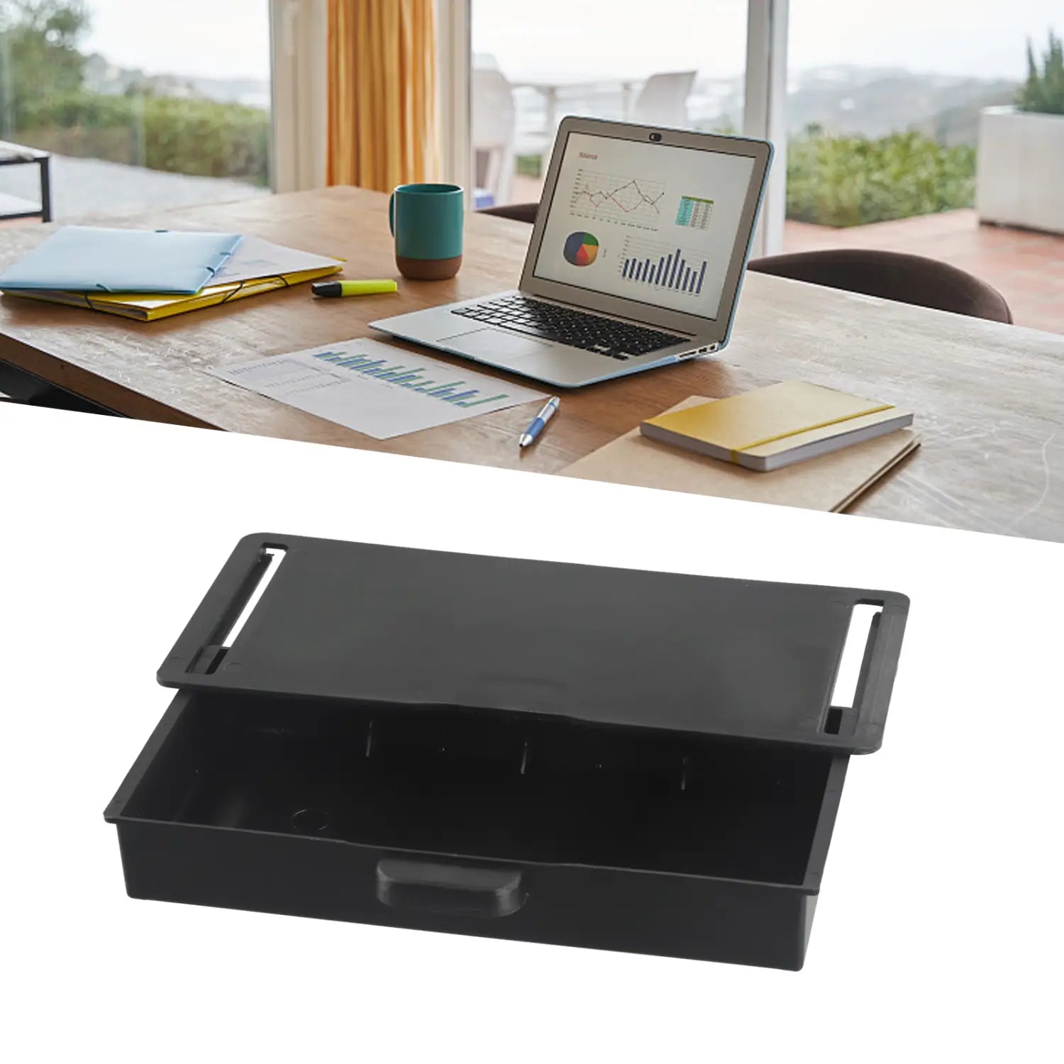 Organisateur de tiroir sous bureau en plastique noir, avec couvercle à charnière et compartiments internes en matériau de rangement ABS.