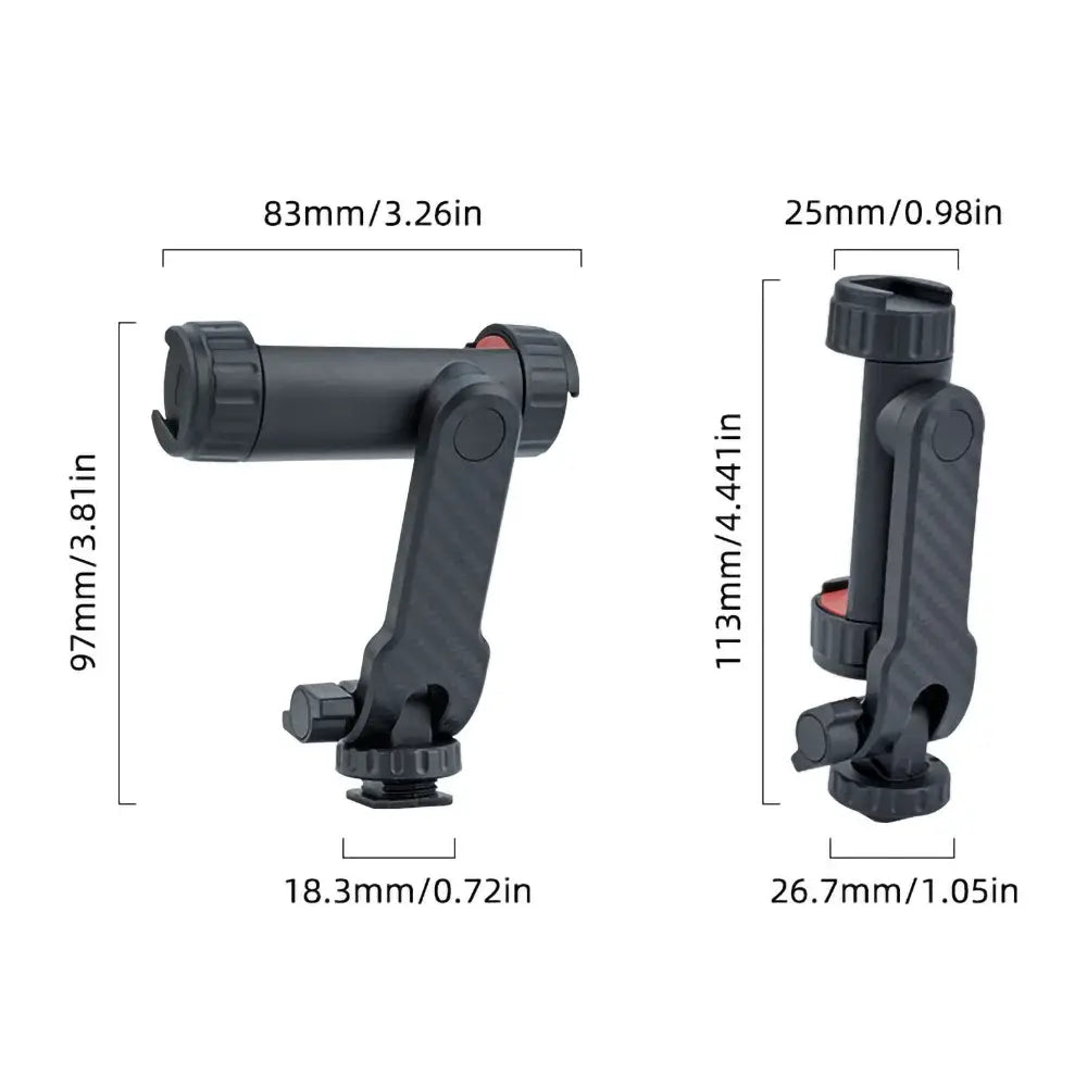 black adjustable phone tripod mount 360 rotating dual cold shoe with carbon fiber texture and red interior accents