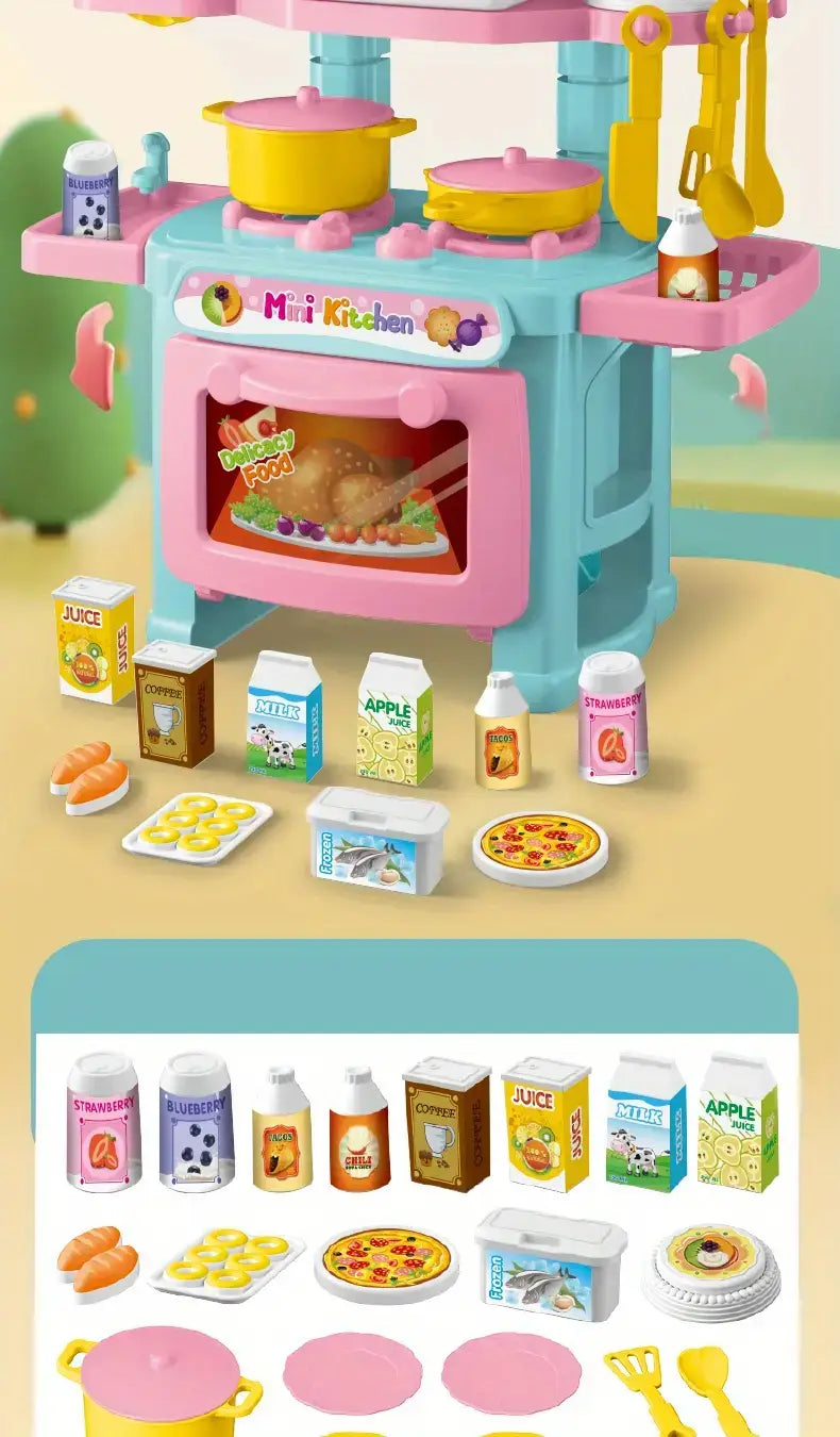 Kleines Küchen-Spielset für Rollenspiel-Kochspielzeuge mit pastellblauem und pinkfarbenem Kunststoffdesign, gelben Töpfen, Utensilien und Zubehör für Lebensmittel.
