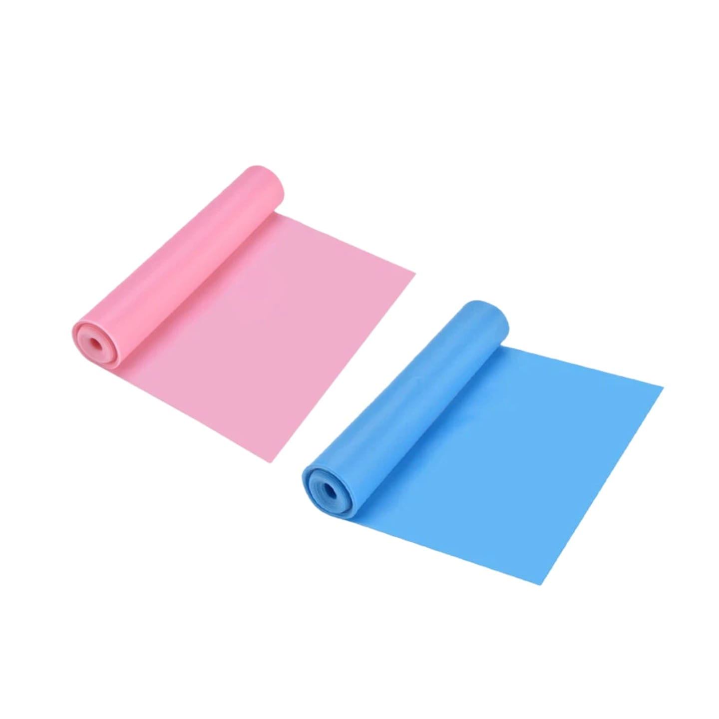 Resistance workout bands for home fitness shown as neatly rolled pink and blue elastic bands designed for strength training.