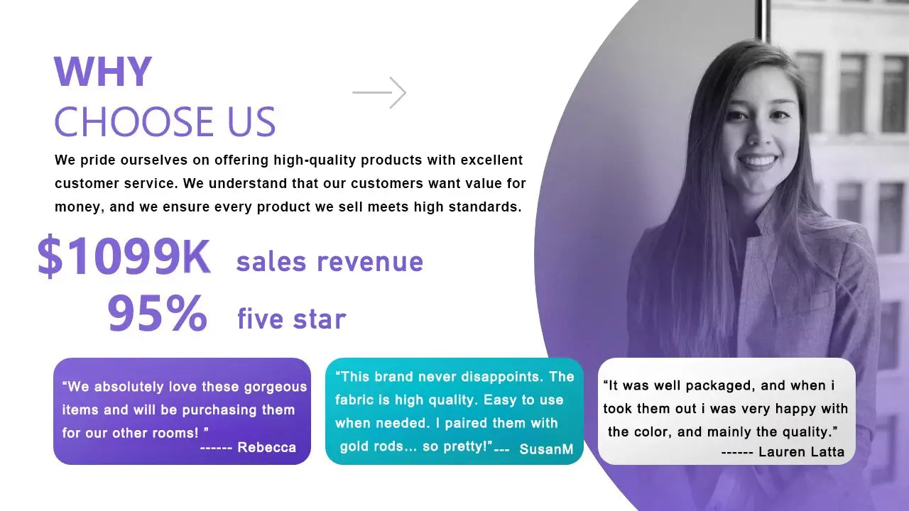 Graphique promotionnel à dominante violette mettant en scène une femme souriante en tenue professionnelle, aux côtés d’un texte mettant en avant le chiffre d’affaires des ventes et des témoignages clients concernant des sacs de rangement sous vide pour vêtements et linge de lit, conçus pour organiser les vêtements de bébé ainsi que d’autres articles ménagers.