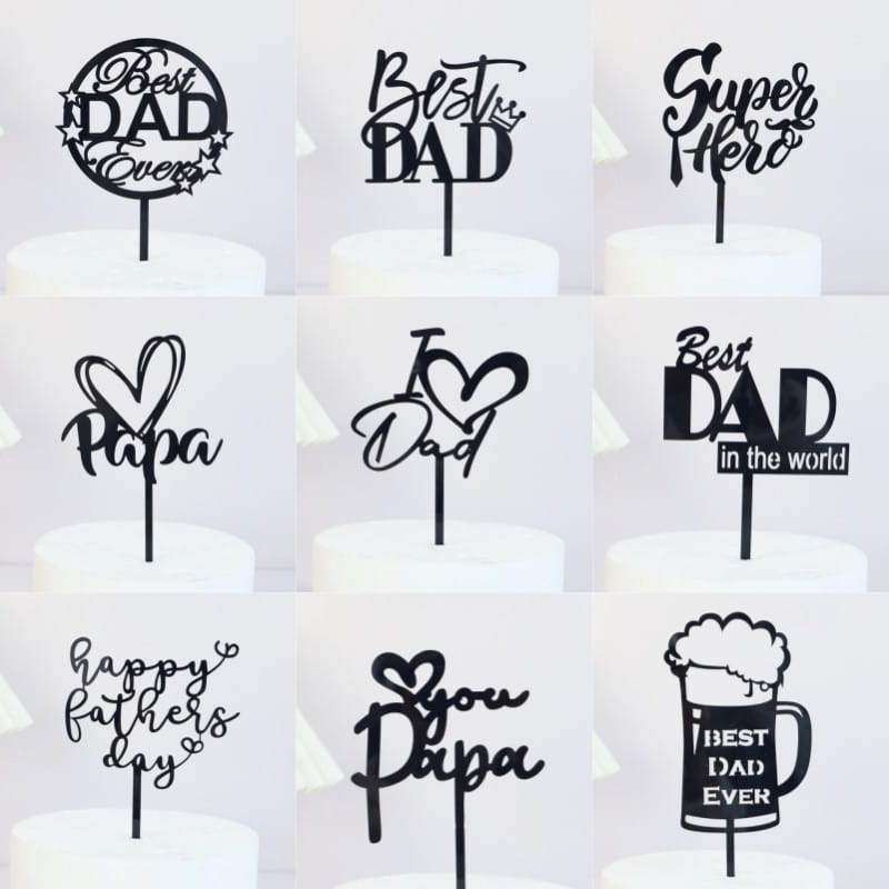 black acrylic father’s day cake toppers featuring various designs including best dad ever and a beer mug for super dad celebrations