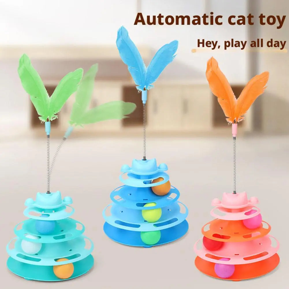 Colorful plastic 4-level interactive cat toy tower with feathered tops and tiered platforms holding roller balls for pet entertainment.