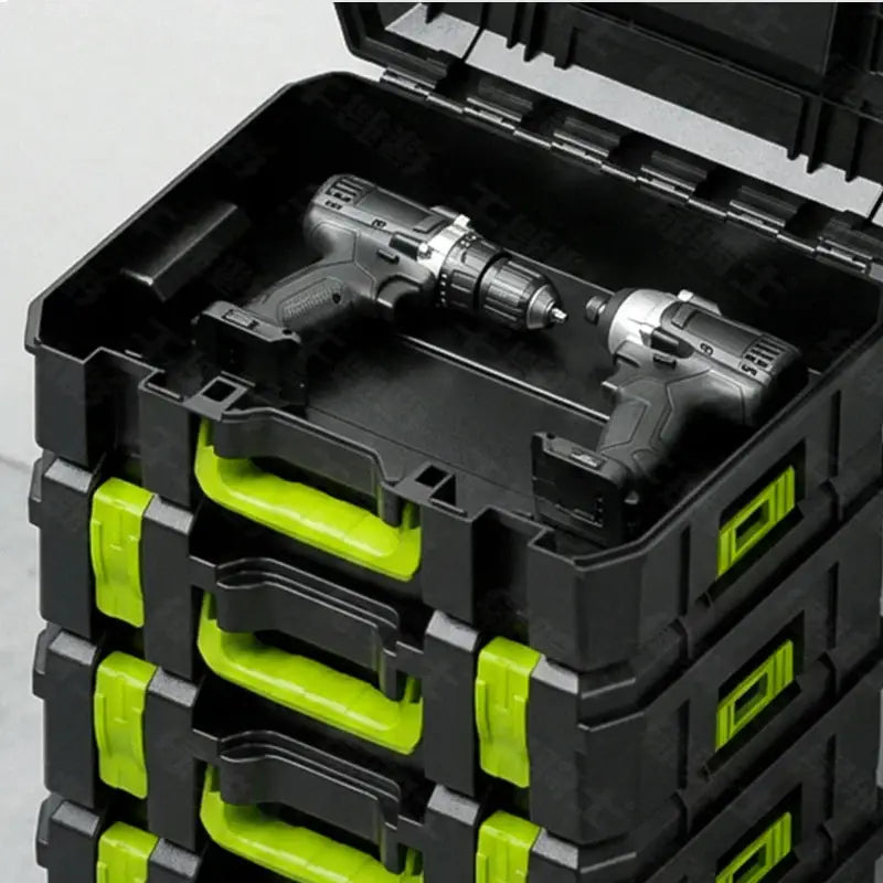 Modular stackable tool storage box in black and lime green featuring integrated handles for easy portability.