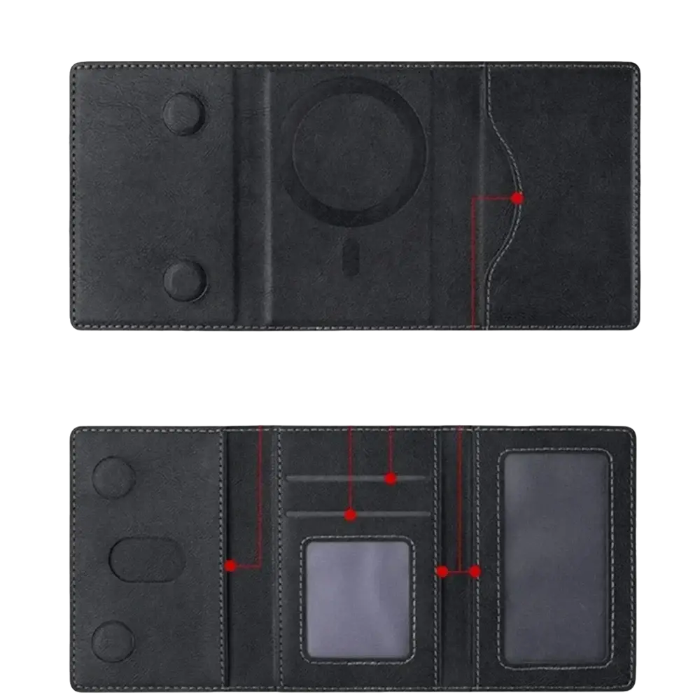 Black leather magnetic trifold card wallet with built-in wireless charging pad and six card slots shown from the front