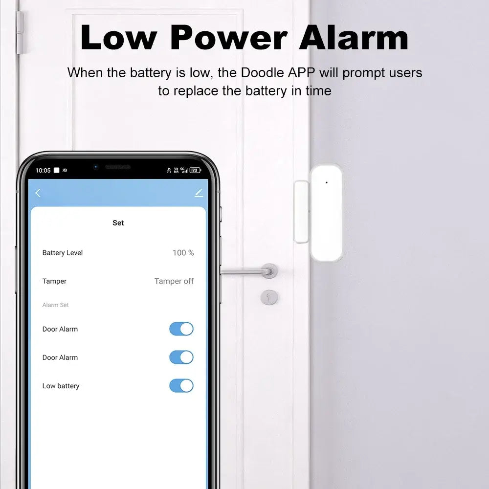 white rectangular smart door alarm sensor mounted on a door frame as part of a zigbee door sensor with gateway hub for enhanced security with zigbee gateway integration