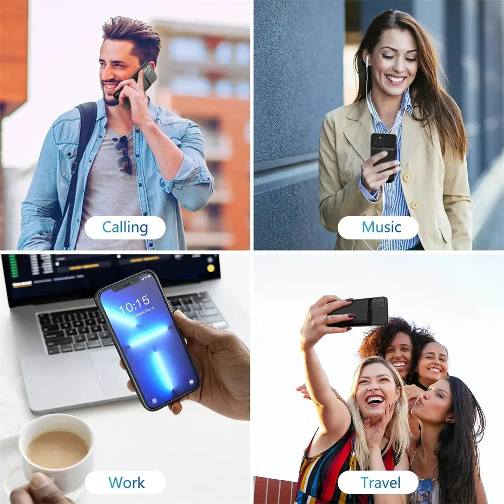 Schwarzes Smartphone mit modernem, elegantem Design und einem leuchtend blauen Bildschirm, der die Zeit 10 15 anzeigt, mit einer Pro-Max-Akku-Ladehülle für iPhone 16- und 17-Serien.