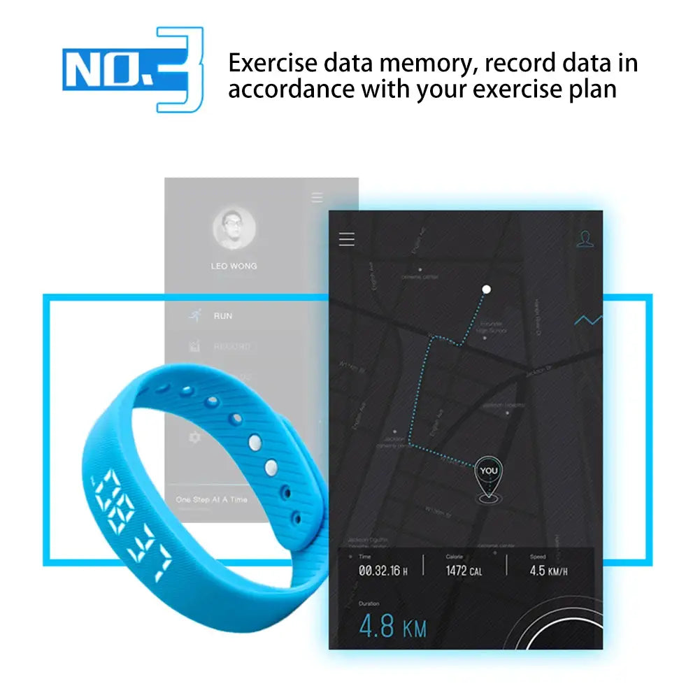 Bright blue silicone kids led digital fitness tracker watch band with digital display showing time and workout metrics.