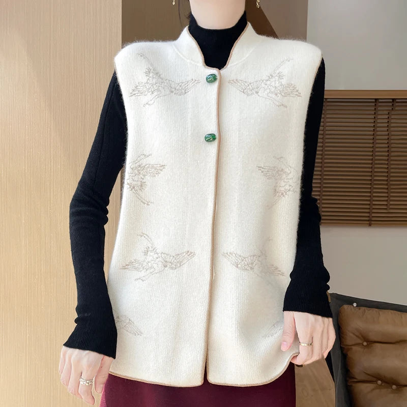 Winter 100% Pure Wool Sleeveless Vest Women Stand Collar Thick Embroidered Vest Loose Wool Vest