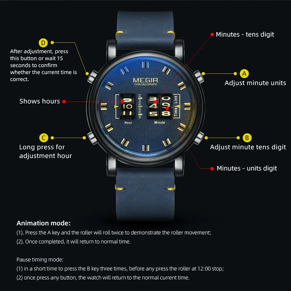 Megir military quartz watch featuring a blue dial chronograph with a black leather strap and silver tone case.
