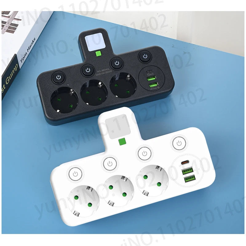 Wireless Wall Charger Socket with 3 AC Outlets +2 USB Ports+ 1 Type C 6-in-1 Plug Socket EU Plug Fast Charging power board