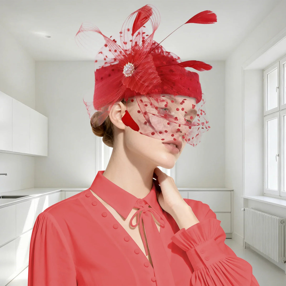 Women Bridal Fascinator with Feathers Dot Print Veil Elegant Pillbox Hats for Tea Party Wedding Church Fedoras Headscarf Bonnet