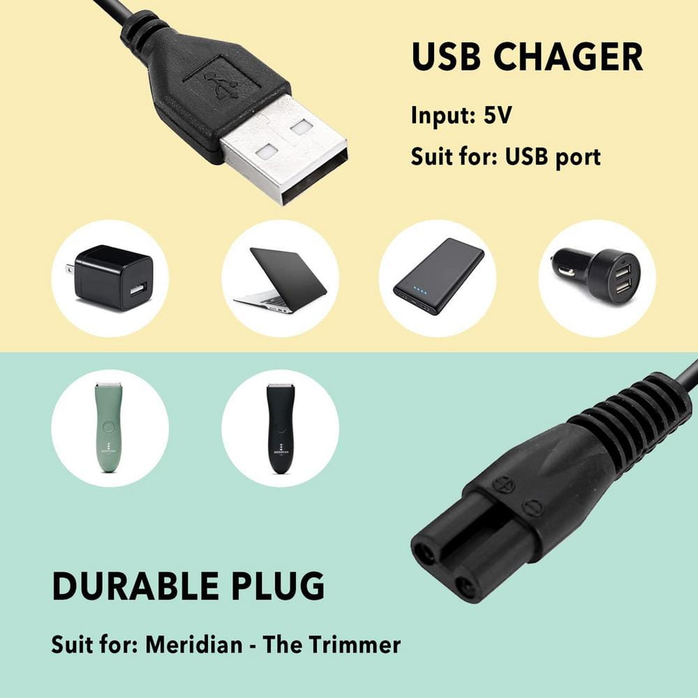 schwarzes USB-Ladegerät mit robustem Stecker, ausgelegt für die Verwendung mit Laptops und elektrischen Trimmern im Produkt „Ersatz-USB-Ladekabel für den Meridian-Elektrorasierer“