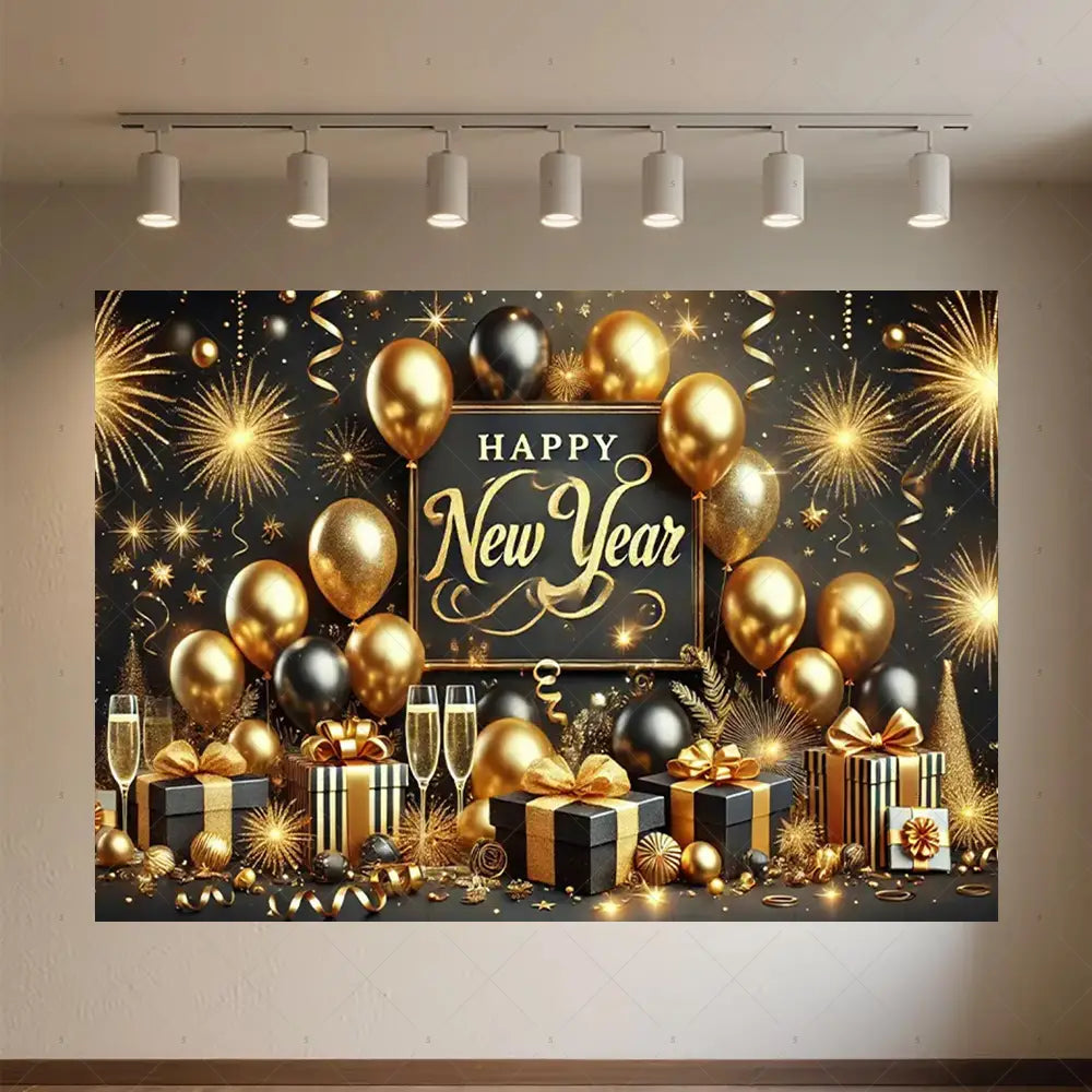 Fond de photographie du Nouvel An « 2026 » en noir et or à paillettes, avec ballons dorés, feux d’artifice scintillants, boîtes-cadeaux avec nœuds, flûtes de champagne et un panneau central « Happy New Year ».