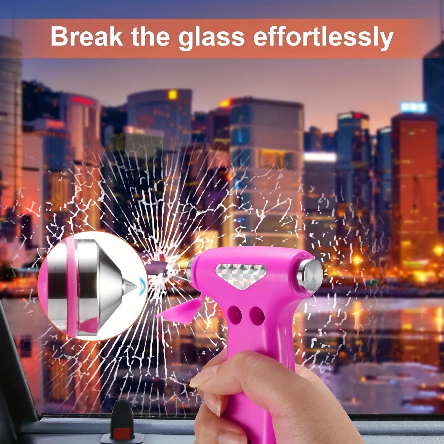 Herramienta de escape de emergencia tipo martillo de seguridad para automóviles con colores rosa y plateado, y empuñadura con textura para romper el vidrio del coche de forma eficaz.