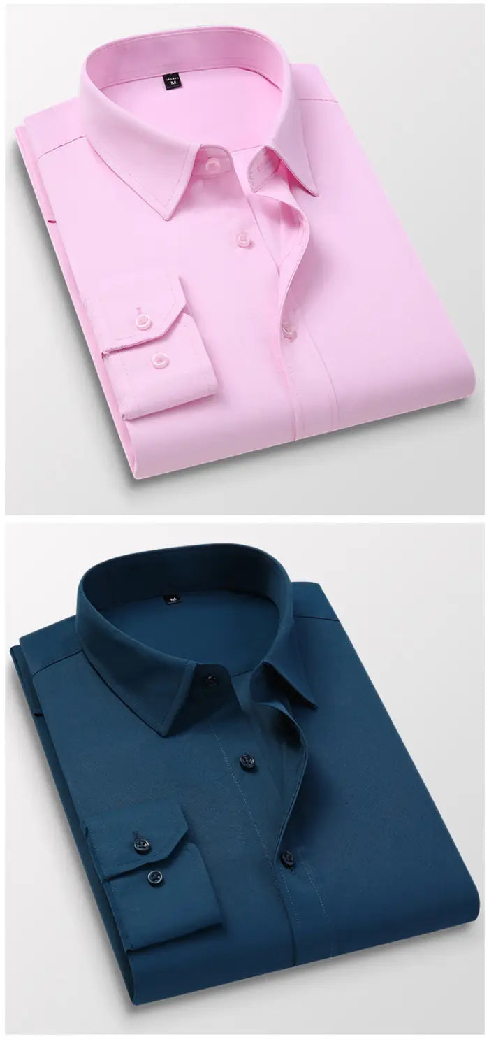 a neatly folded pink and navy blue men dress shirts with classic button-down collars and matching buttons designed for casual long sleeve business office and club party use