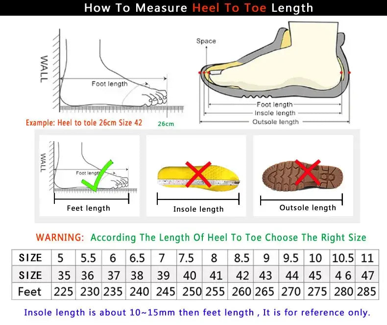 Schéma d’instructions pour mesurer la longueur du talon aux orteils, avec des diagrammes annotés et un tableau des tailles pour les mocassins décontractés à enfiler en cuir noir pour hommes.