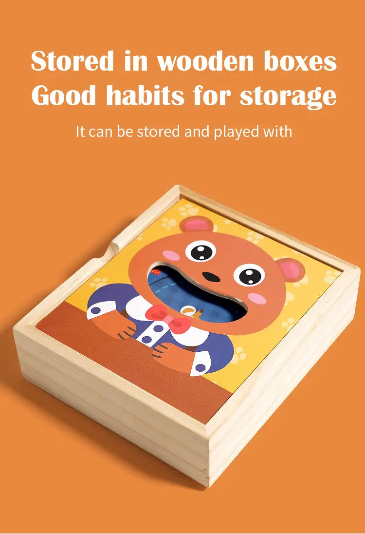 Spielzeug mit Holz-Bärenfütterung: ein hölzernes Bären-Spielzeug mit farbenfrohem Cartoon-Bären mit weit geöffnetem Mund und gepunktetem Outfit auf der Verpackung.
