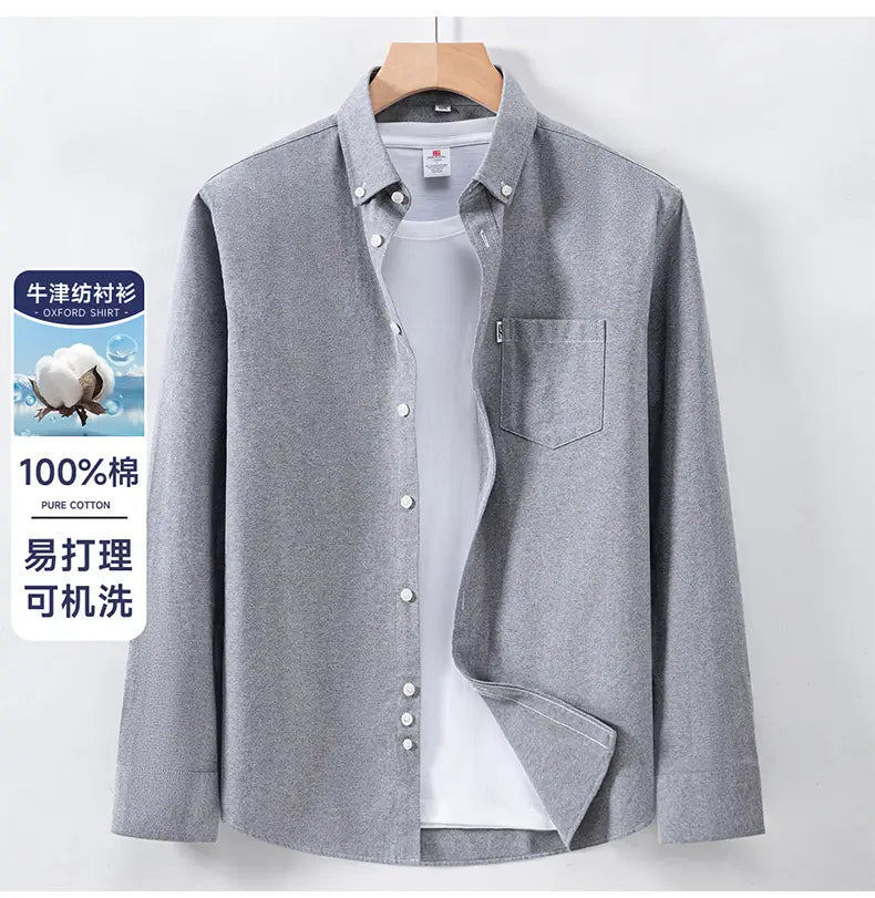 Men cotton oxford long sleeve casual shirt in gray made of 100 percent pure cotton with a button-down collar and chest pocket.