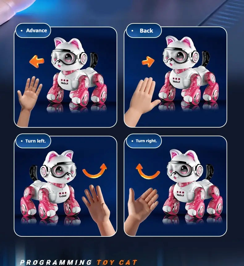 Remote control pink and white robotic cat toy with goggles featuring a sleek plastic body and articulated limbs.