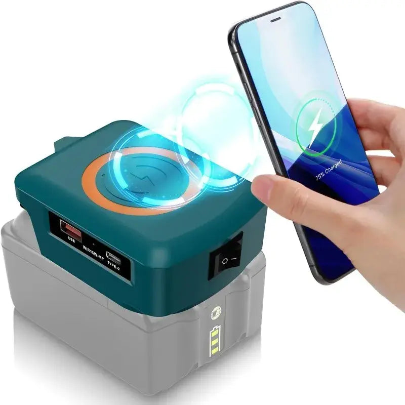 Teal and gray Makita 18v battery wireless charger with 15w power output and multiple USB ports for convenient device charging.