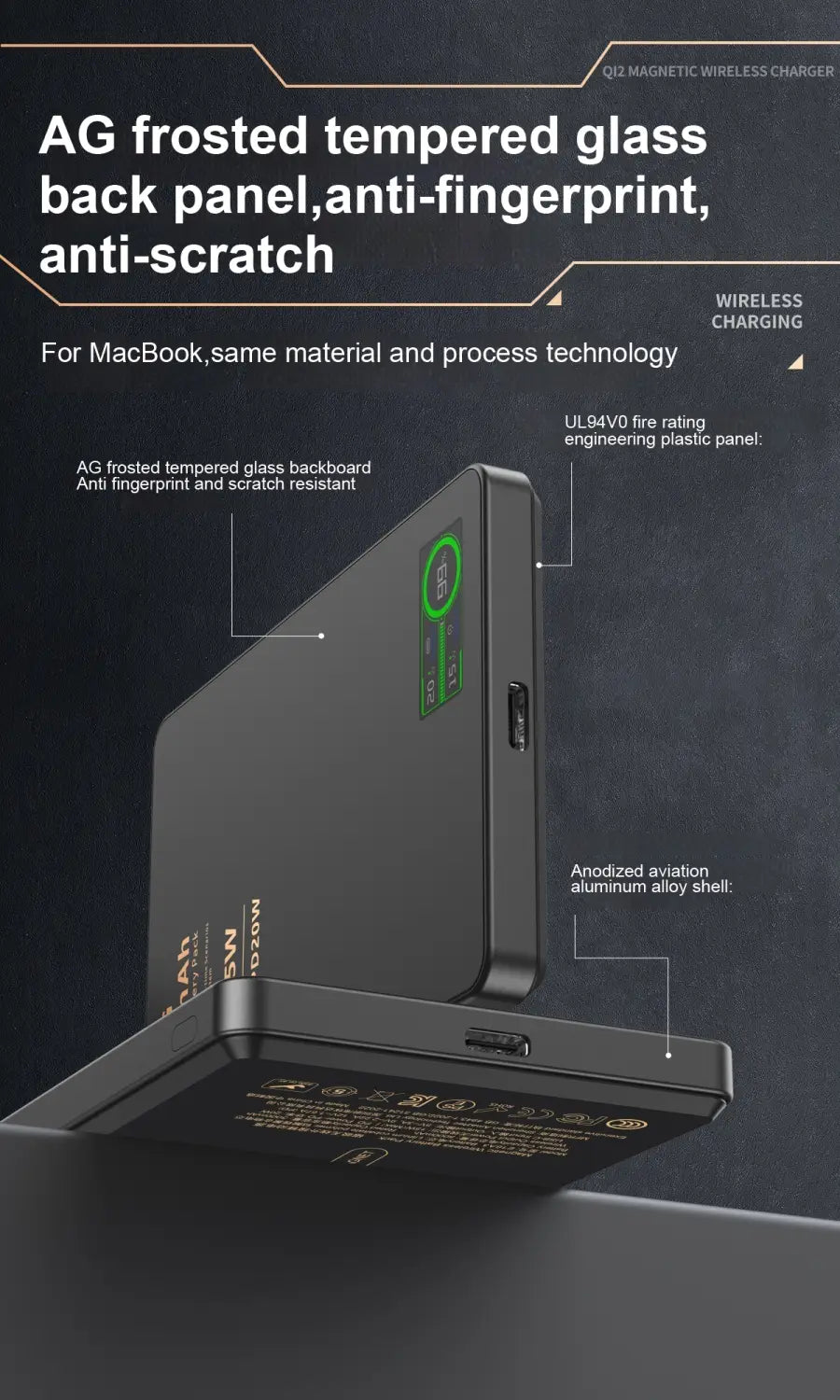 Schwarze AG-mattierte, gehärtete Glas-Qi2-Magnet-Wireless-Powerbank mit eloxierter Aluminiumlegierung im Flugzeugbau und grünem LED-Anzeigeelement.