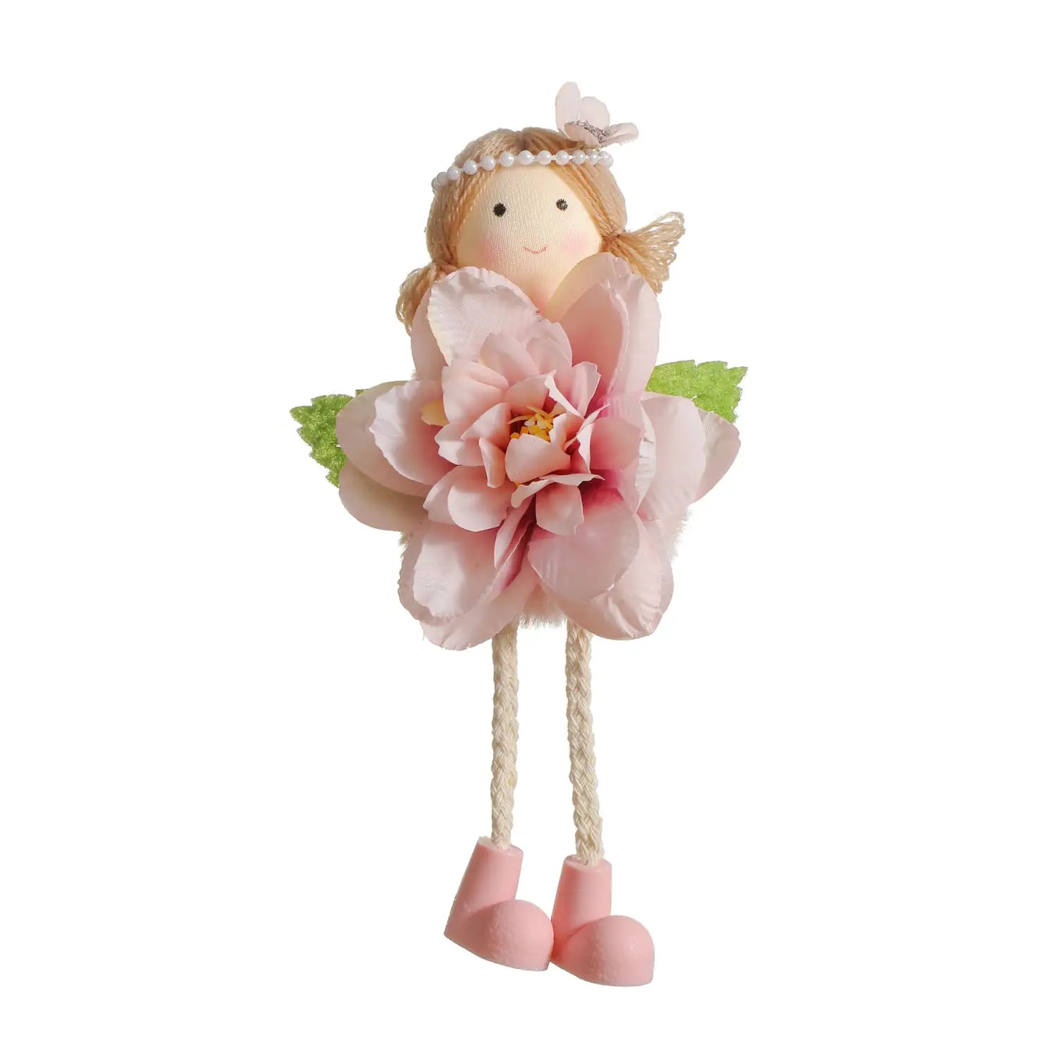 a delicate pink fabric fairy doll with a pearl headband green leaf wings and rope legs ending in matching pink boots from an Easter fairy hanging ornaments 4-pack