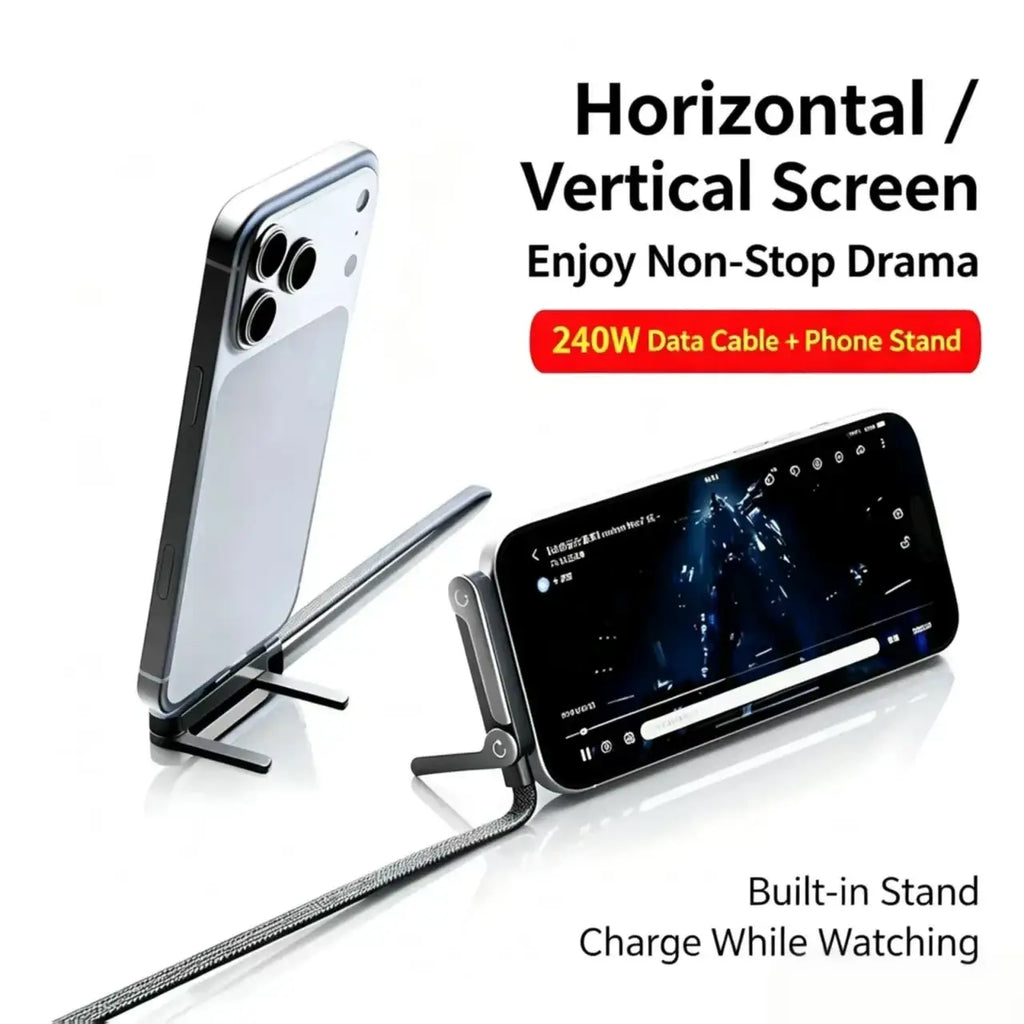 Black metal phone stand with integrated 240w usb-c fast charging cable shown from front for horizontal and vertical use