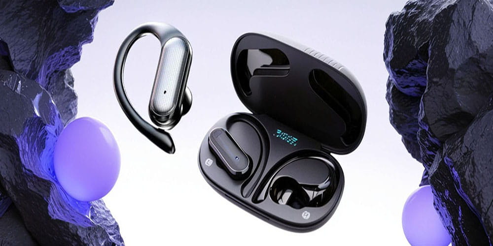 Black wireless earhook earbuds with a sleek ergonomic design and metallic silver accents featuring hd stereo and Bluetooth 5.0 technology.