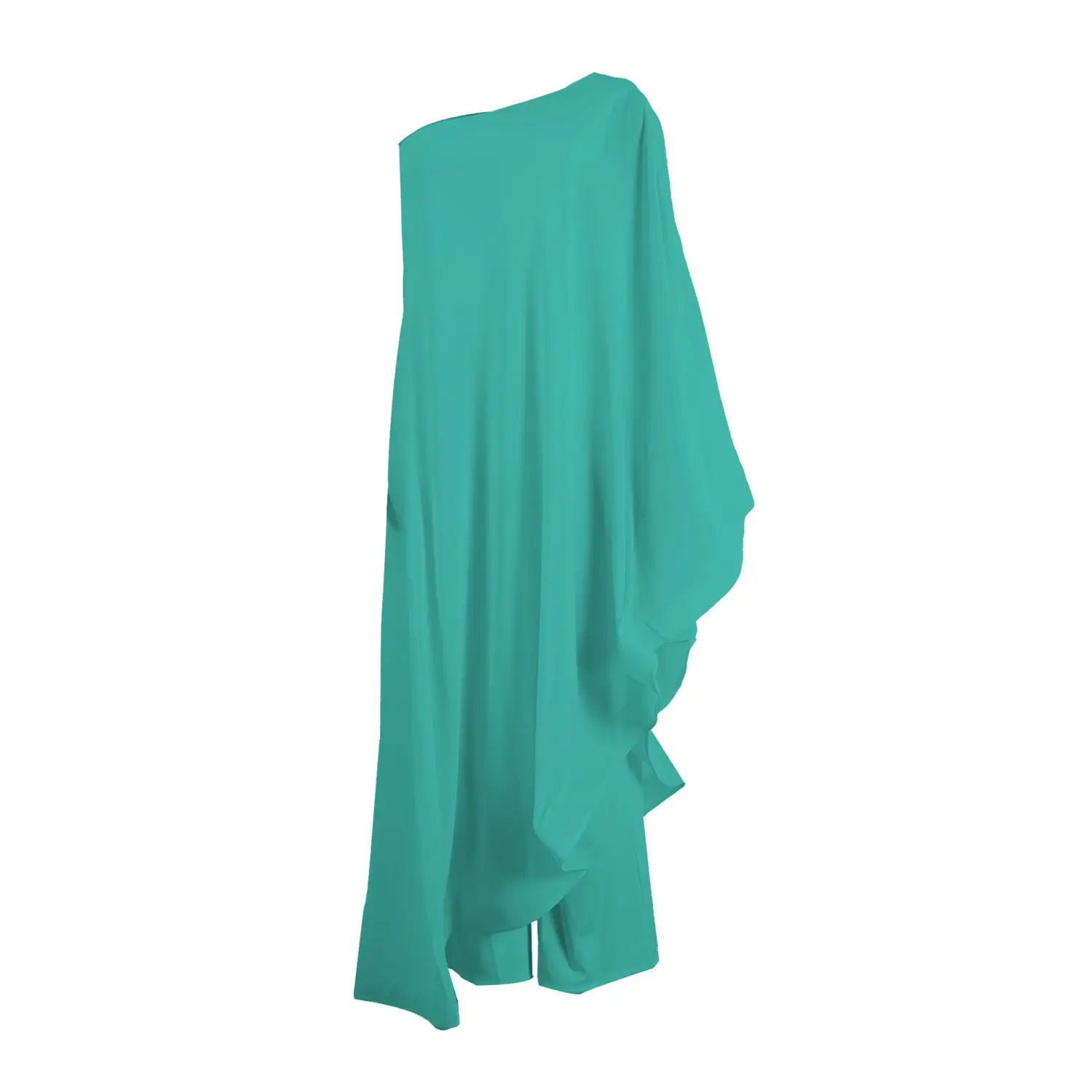 Ein fließendes Tealgrünes Kleid mit einer Schulter aus leichtem Stoff, mit drapiertem und asymmetrischem Design, von vorn gezeigt.