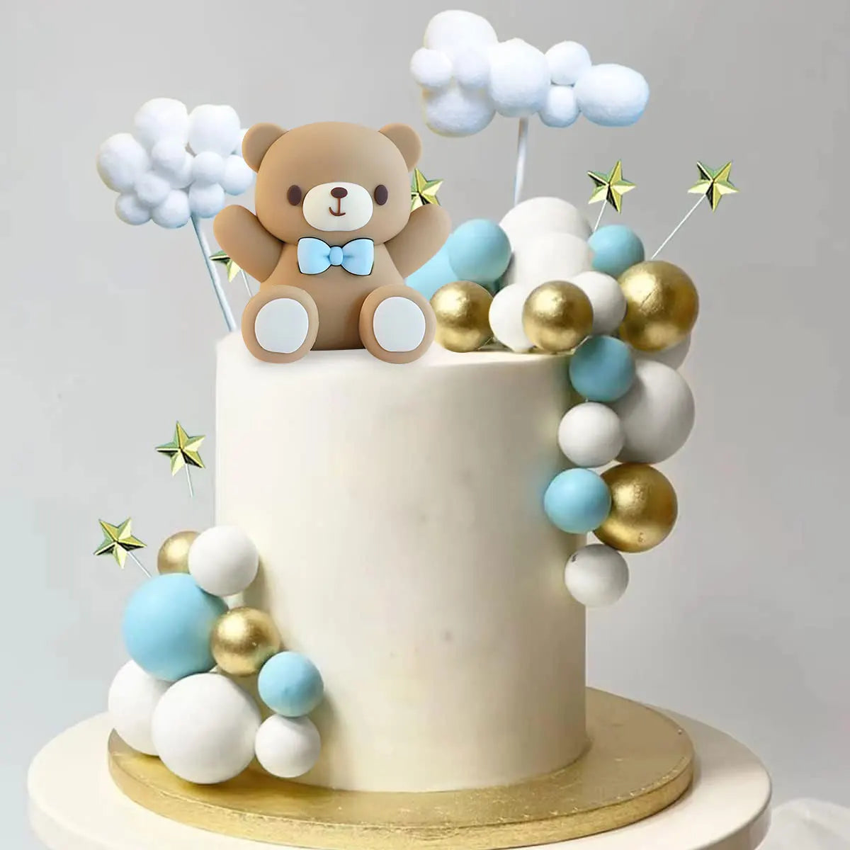 33pcs Baby Shower Cake Topper Set - Blue Bear & Star Cloud Decorations for Birthday Party, Gender Reveal Cake Decor
