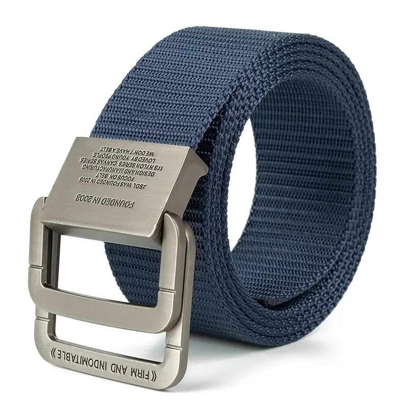 Navy blue woven canvas web belt with automatic silver-toned metal buckle featuring engraved text for unisex use.