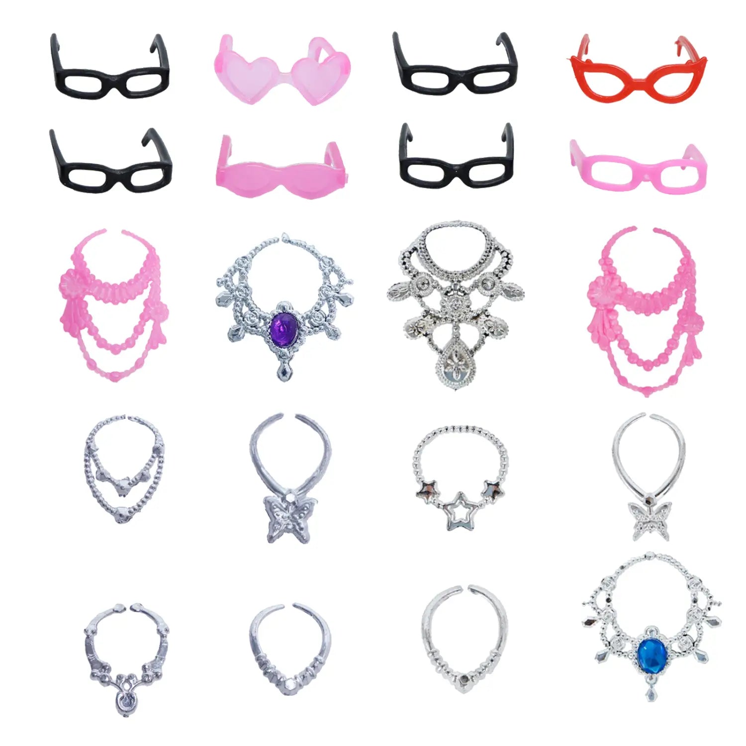 A collection of colorful and sparkling barbie doll accessories including eyewear, necklaces, earrings, and bracelets in pink, black, silver, purple, and blue from the doll accessories set 50 piece fashion outfit collection.