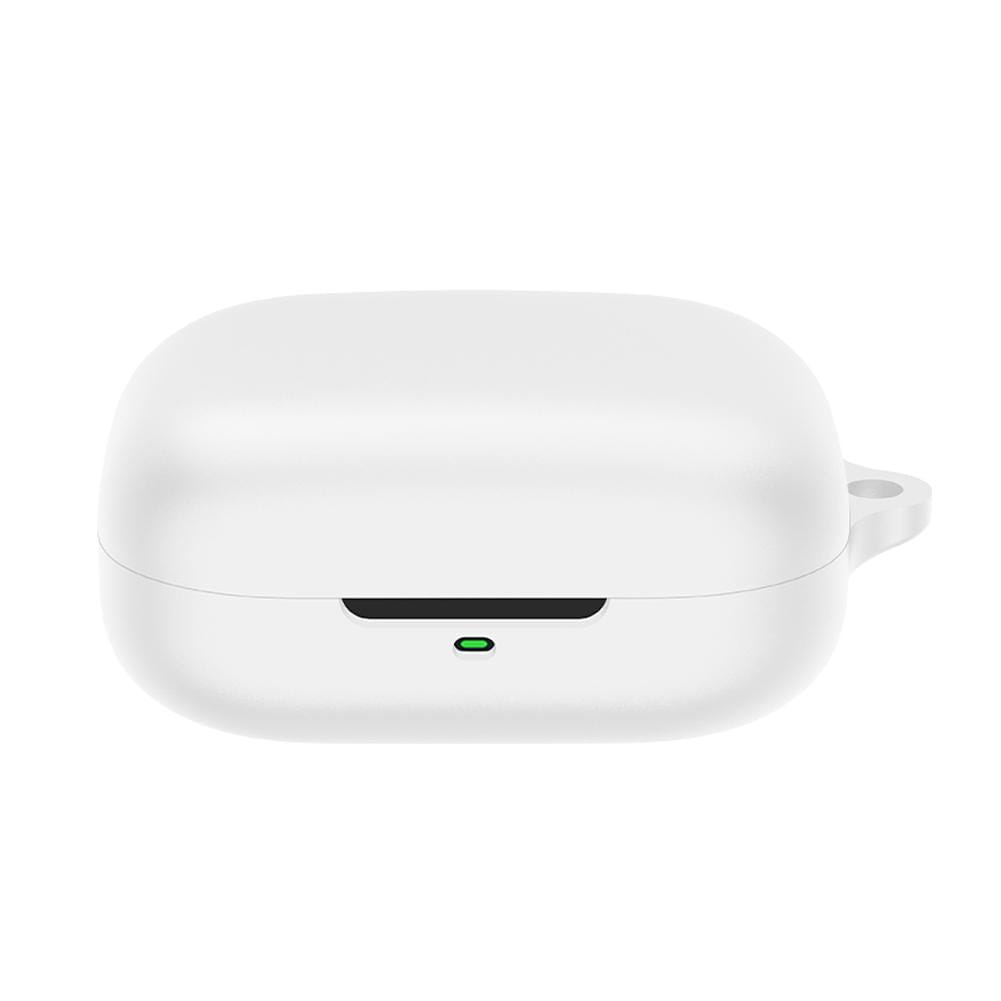 White silicone airpods pro case protective cover with green charging indicator light and integrated carrying loop shown from the back side.