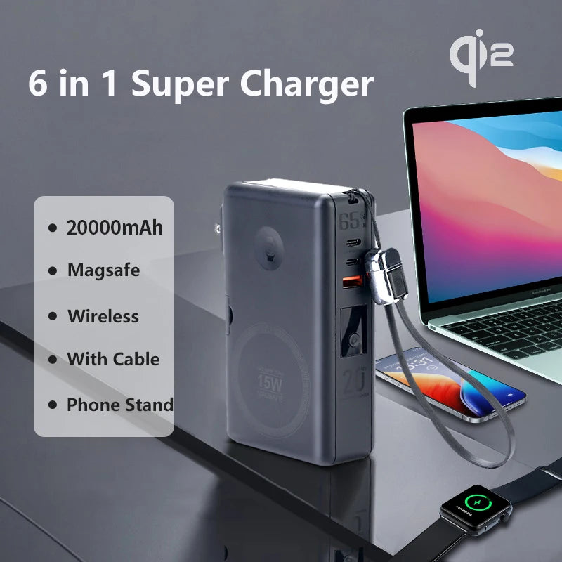 65W GaN USB C Charger Power Bank 20000mAh Qi2 Magnetic Wireless Fast Charger for iPhone 16 iWatch Laptop Powerbank with AC Plug