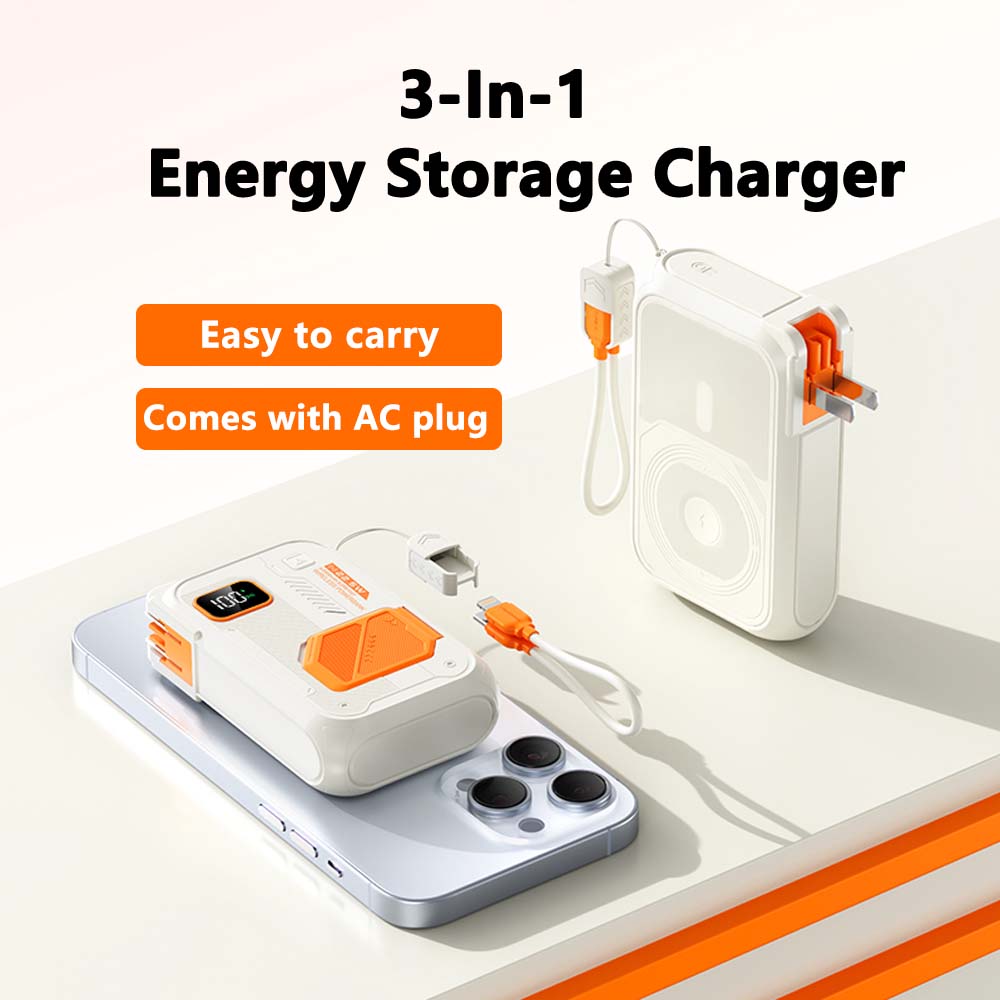 Weißer und orangefarbener 3-in-1-Energiespeicher-Ladeadapter mit integriertem AC-Stecker für Powerbank 20000 mAh 22,5 W kabelloses tragbares Ladegerät