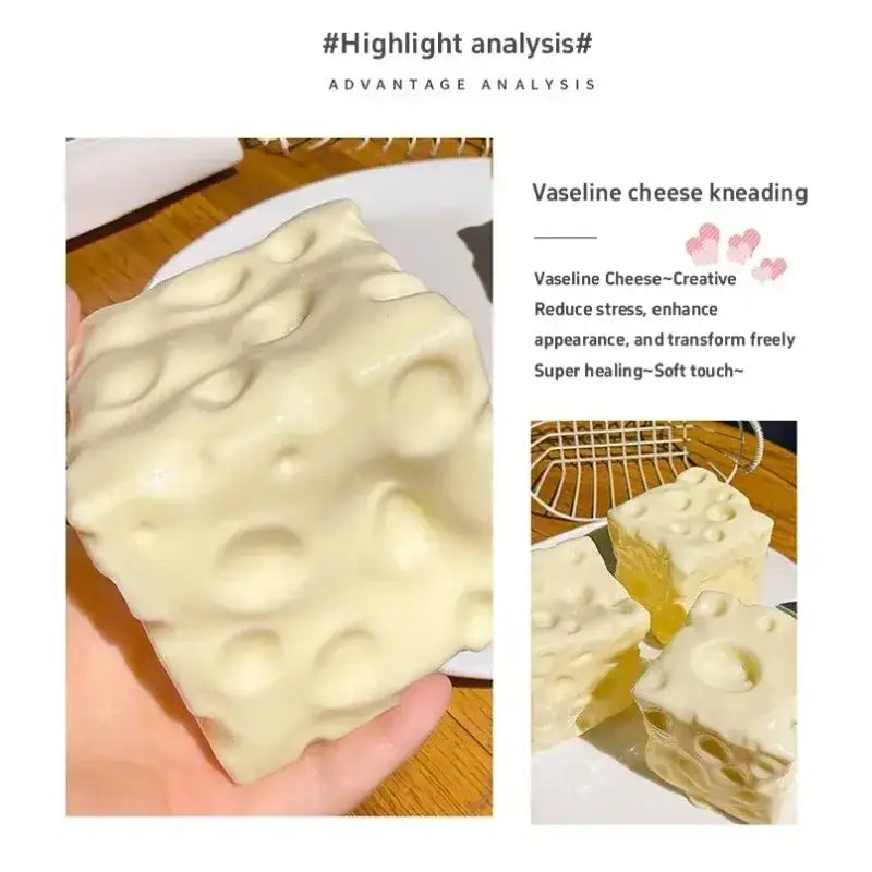 Cream-colored stress relief cheese squishy toy with soft texture and swiss cheese pattern shown from the front