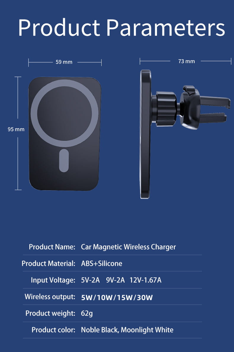 Black magnetic wireless car charger by Vikefon with a sleek rectangular design and circular charging pad for iPhone.