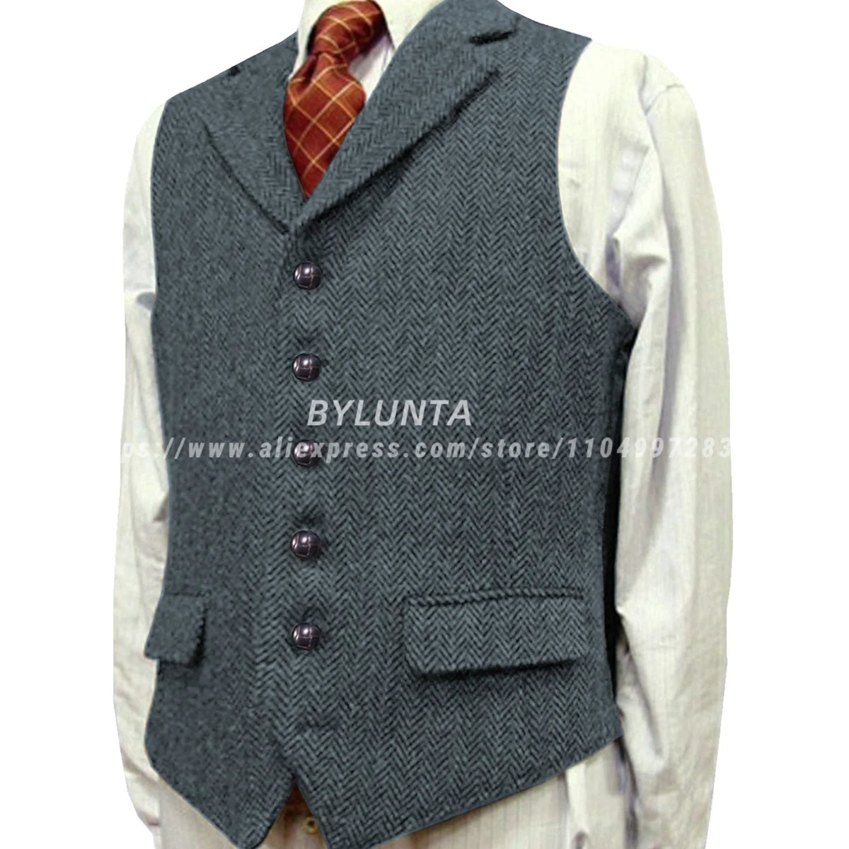 Men's Wool Tweed Slim Fit Leisure Cotton Burgundy Vest Gentleman Herringbone Business Brown Waistcoat Blazer For Wedding Groom