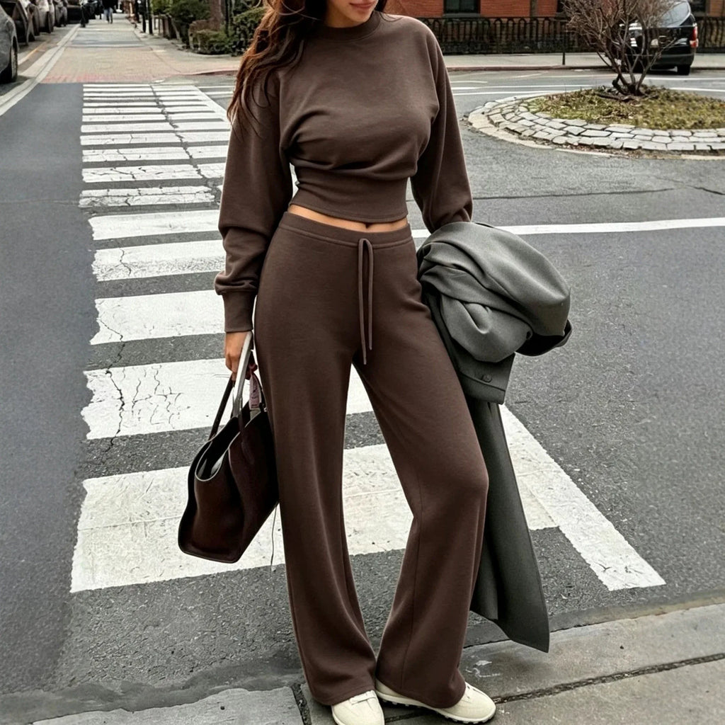 Women's Clothing Autumn and Winter New Casual Waist Top Wide-leg Pants Home Daily Two-piece Set
