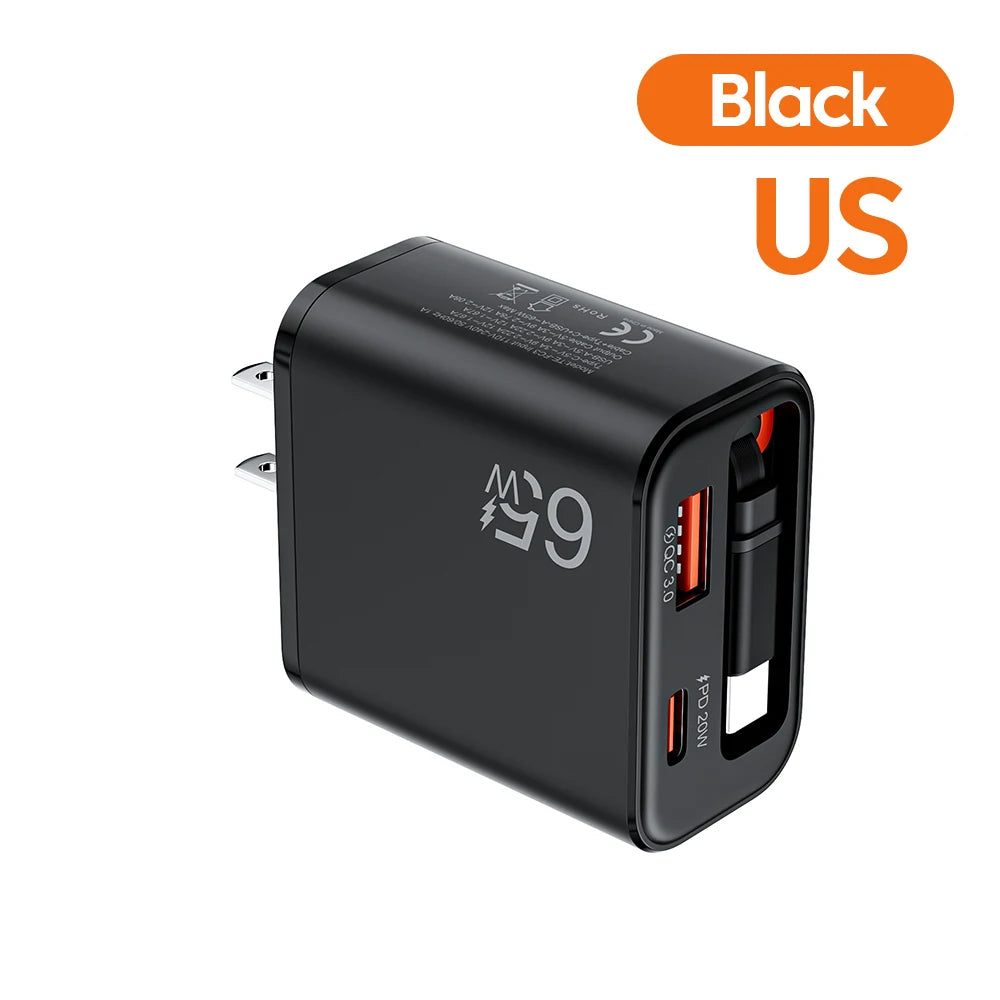 65W USB Phone Charger With Retractable Super Fast Charging Type C Cable For iPhone 17 16 POCO Xiaomi QC 3.0 USB PD Wall Charger