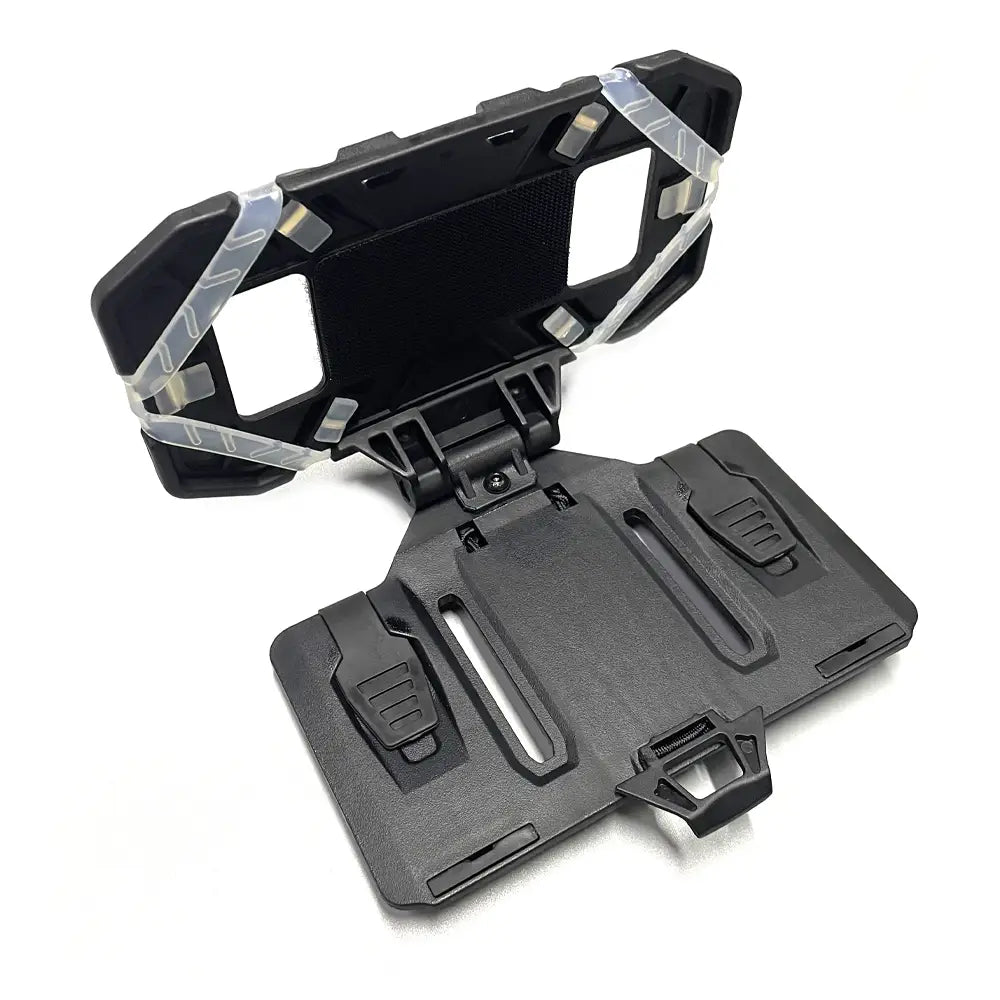Tactical Molle phone navigation board featuring a black plastic hinged phone mount with transparent adhesive strips for secure attachment.